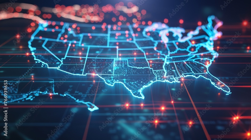 A sophisticated 3D animation of a digital map of the USA, displaying interconnected data lines and glowing nodes across the country. It symbolizes the connectivity and technological advancement - obrazy, fototapety, plakaty 