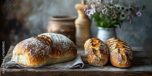 Artisan bread on rustic wooden table. Close-up bakery photography with natural lighting for design and print. Homemade bread concept with kitchen setting