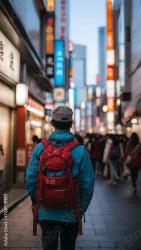 Photo real for Backpacker exploring the streets of Tokyo in Backpack traveling theme ,Full depth of field, clean bright tone, high quality ,include copy space, No noise, creative idea © Gohgah
