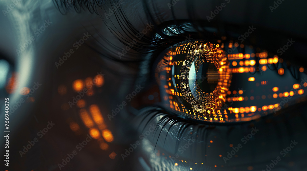 a pair of robotic eyes, reflecting a complex code - obrazy, fototapety, plakaty 