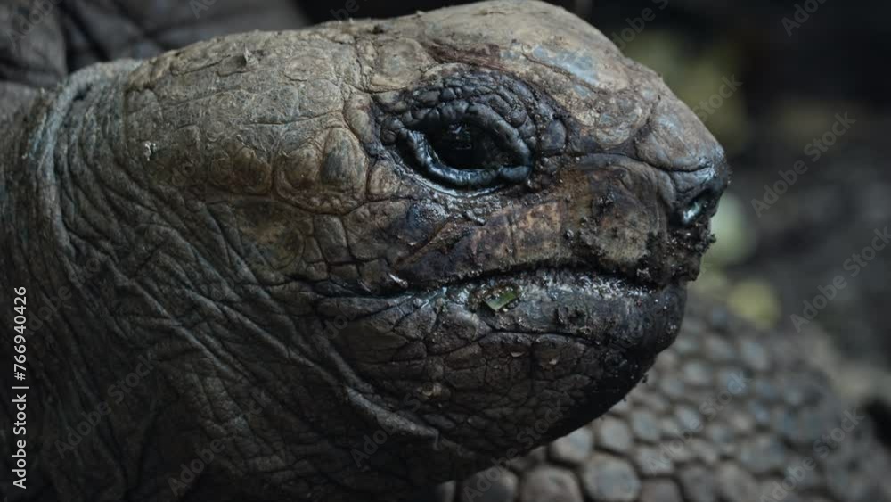 Vigilant Aldabra tortoise adult looking around and chewing on some leaves Vigilant Aldabra tortoise adult looking around and chewing on some leaves