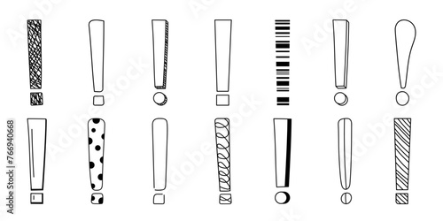 Doodle exclamation mark hand drawn sketch vector illustration set isolated on white background. Collection of various exclamation marks attention punctuation black and white freehand scribble symbols.