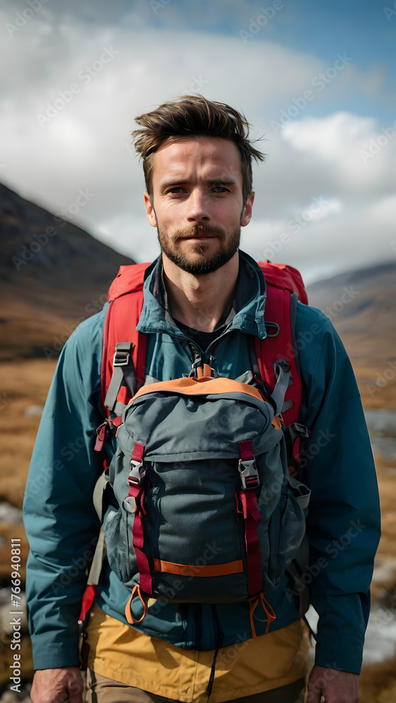 Photo real for Hiker with backpack in the Scottish Highlands in Backpack traveling theme ,Full depth of field, clean bright tone, high quality ,include copy space, No noise, creative idea Photo real for Hiker with backpack in the Scottish Highlands in Backpack traveling theme ,Full depth of field, clean bright tone, high quality ,include copy space, No noise, creative idea