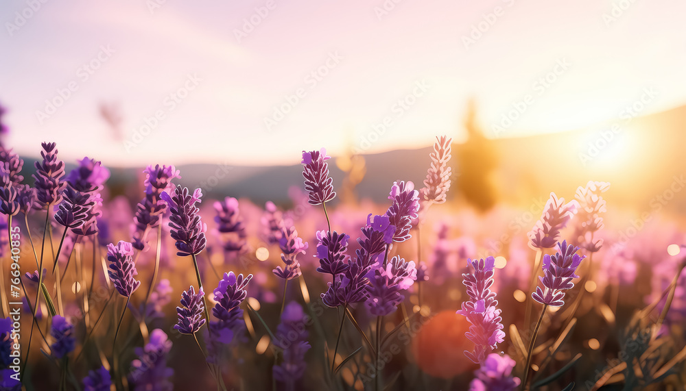 A field of purple flowers with a bright sun in the background - obrazy, fototapety, plakaty 