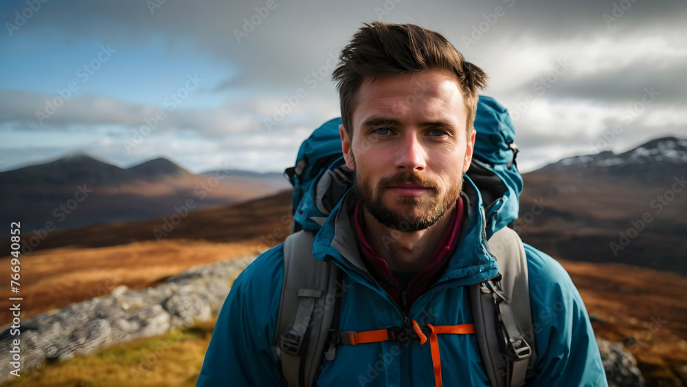 Photo real for Hiker with backpack in the Scottish Highlands in Backpack traveling theme ,Full depth of field, clean bright tone, high quality ,include copy space, No noise, creative idea Photo real for Hiker with backpack in the Scottish Highlands in Backpack traveling theme ,Full depth of field, clean bright tone, high quality ,include copy space, No noise, creative idea