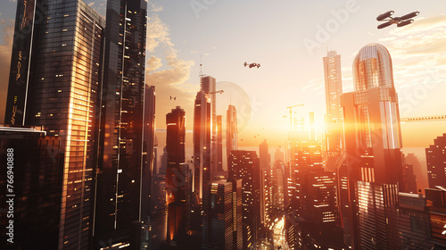 a futuristic cityscape  with towering skyscrapers and flying cars