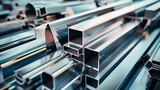 Different metal products close-up. Metal profiles and tubes.