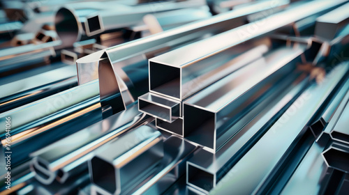 Different metal products close-up. Metal profiles and tubes. © graja
