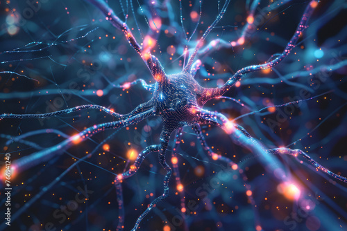 Digital illustration of a neuron with glowing connections