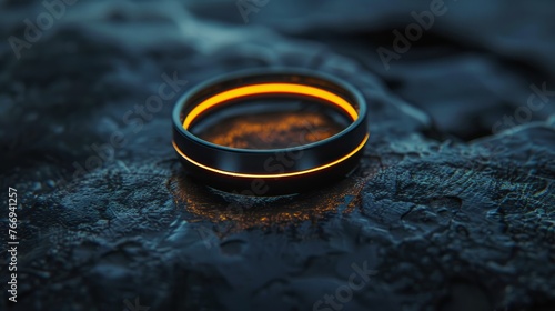 This 3D animation captures a futuristic, smart ring illuminated amidst a rain-soaked surface, its orange and blue neon glow reflecting technological elegance and waterproof resilience.