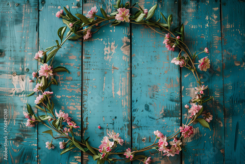 Spring Flower Wreath on Rustic Blue Wood Background