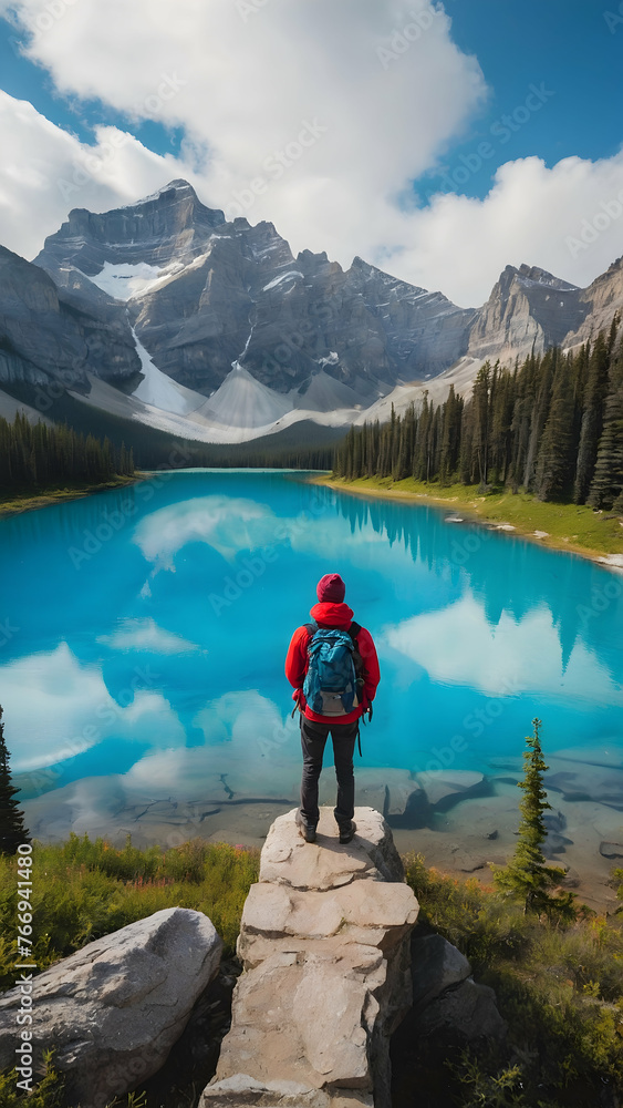 Photo real for Traveler with backpack at Banff National Park, Canada in Backpack traveling theme ,Full depth of field, clean bright tone, high quality ,include copy space, No noise, creative idea