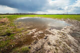 A puddle in the field and a cloudy sky