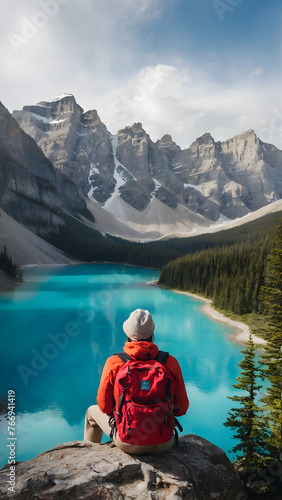 Photo real for Traveler with backpack at Banff National Park, Canada in Backpack traveling theme ,Full depth of field, clean bright tone, high quality ,include copy space, No noise, creative idea © Gohgah