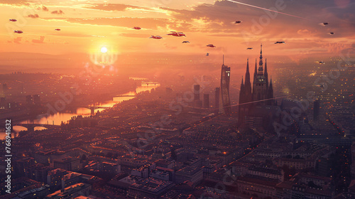 a futuristic cityscape, with towering skyscrapers and flying cars © boti1985
