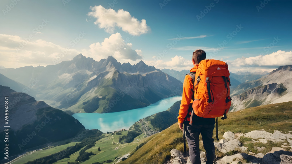 Photo real for Traveler with backpack in the Alps in Backpack traveling theme ,Full depth of field, clean bright tone, high quality ,include copy space, No noise, creative idea