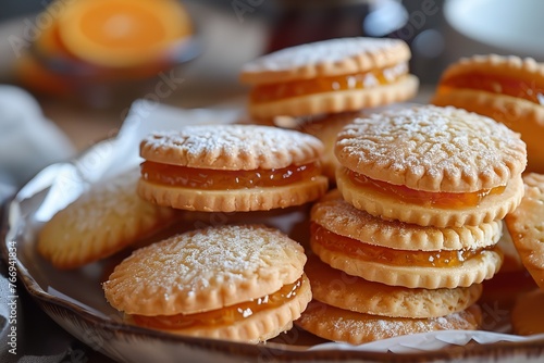 Over a circular tray in the kitchen backdrop, round pastries with marmalade jam sandwiched between each other and space, Generative AI. photo