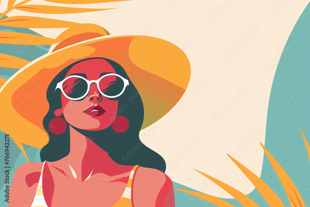 Woman in sunglasses and wide-brimmed hat summer illustration