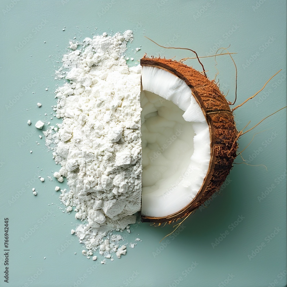 Halved Fresh Coconut Next to Pile of White Coconut Powder on a Clean Pastel Background Halved Fresh Coconut Next to Pile of White Coconut Powder on a Clean Pastel Background