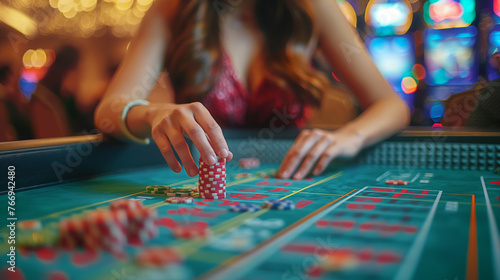 woman gambling at the craps table at the casino.