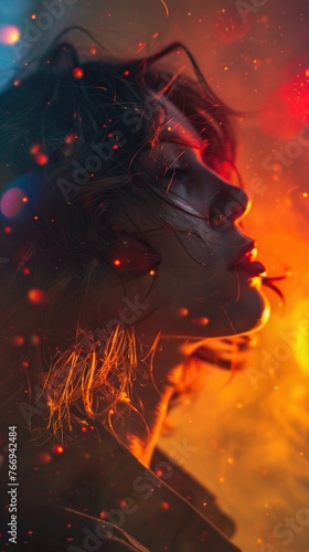 Dreamlike Portrait of a Woman with Fiery Sparks - An Artistic Vision of Passion and Mystery