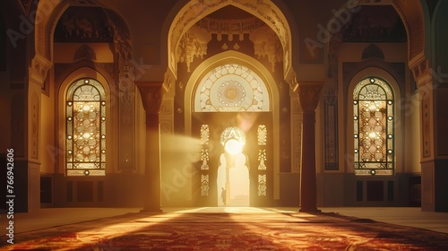 A captivating Ramadan scene featuring a mosque bathed in soft light, adorned with elegant Islamic calligraphy and patterns.
