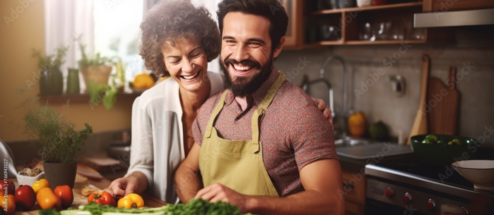 Fototapeta premium A man and a woman with a smile on their faces are sharing a recipe while preparing food in the kitchen. Tableware, plant, and beard are seen as they cook a delicious dish for the event