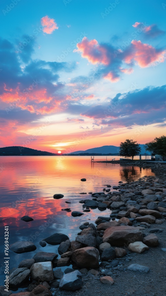 Obraz premium The sun sets beautifully over a lake, with rocks in the foreground