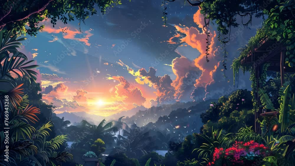 Tranquil jungle setting with a breathtaking sunset casting warm tones across the landscape. Seamless Looping 4k Video Animation Tranquil jungle setting with a breathtaking sunset casting warm tones across the landscape. Seamless Looping 4k Video Animation