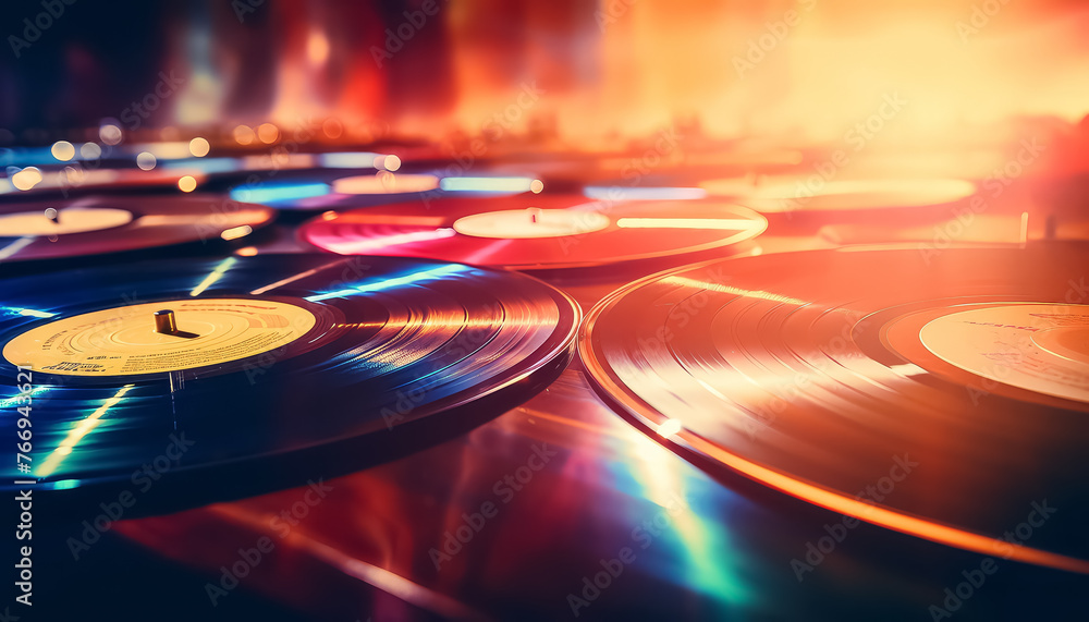 A collection of colorful records with a bright, vibrant look - obrazy, fototapety, plakaty 