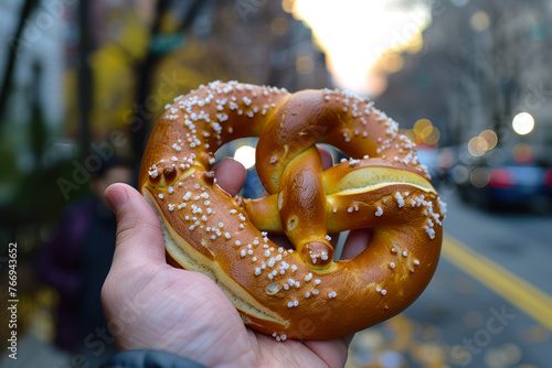 Hand Holding a Traditional Salted Pretzel.