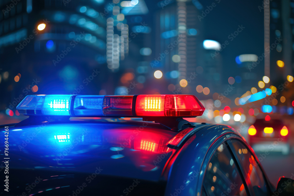 Police car flashing red light on the background of a city at night