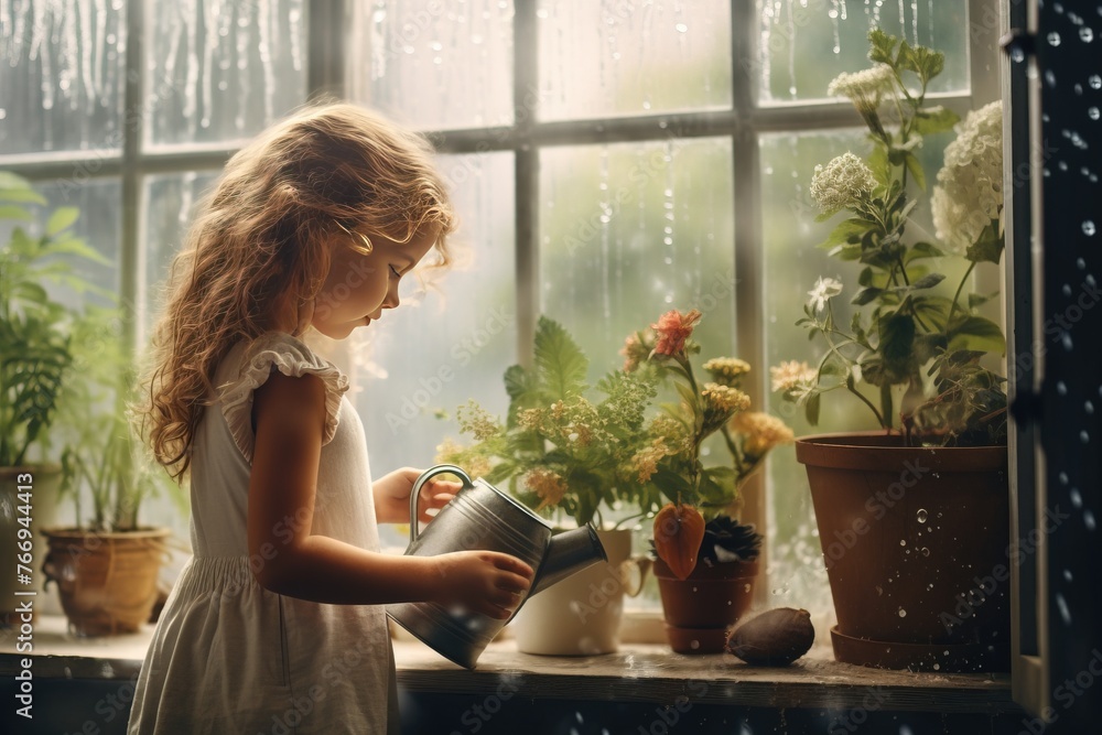 A beautiful girl takes care of home flowers on the window in the evening. A beautiful girl takes care of home flowers on the window in the evening.