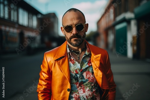 Portrait of a brutal man with a beard in a bright orange jacket and sunglasses