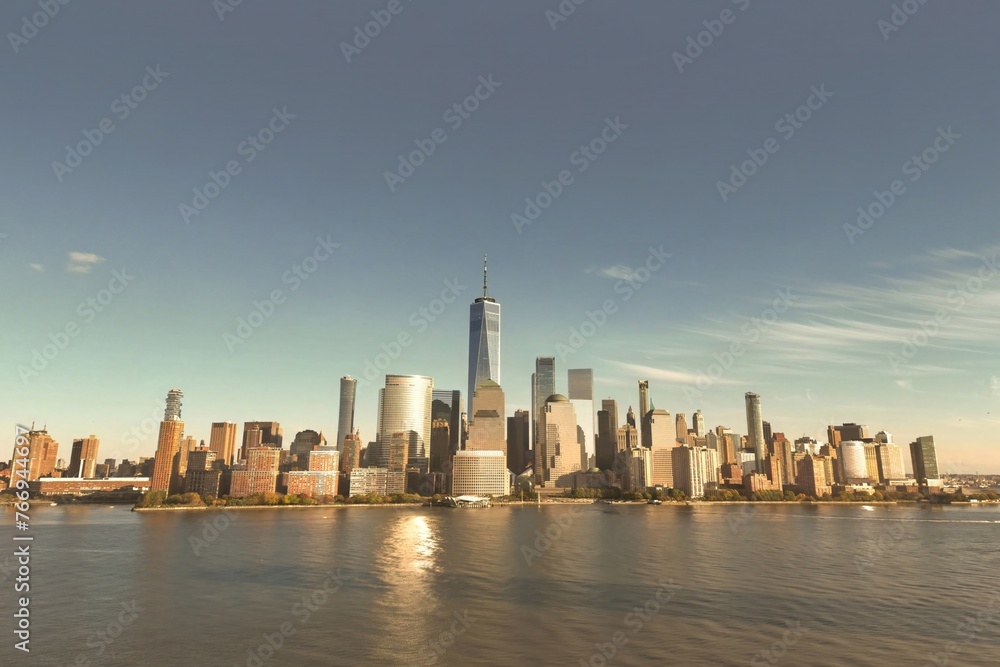New York city Manhattan skyline from New Jersey. Manhattan over the Hudson river. NYC cityscape, aerial view. Manhattan downtown skyline with urban skyscrapers. New York Manhattan from above.