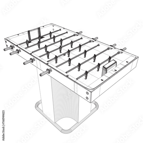 Wireframe Table Football Game Hobby or Leisure Isometric View. Contour Table Soccer. Sport team football players. For entertainment sports. Play and fun concept. Kicker bar football. Kids football. 3D
