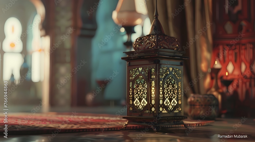 A calming image of a traditional lantern, with "Ramadan Mubarak" subtly etched onto the glass panels, creating a harmonious visual. - obrazy, fototapety, plakaty 