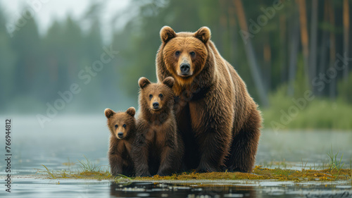 She-Bear and bear cubs on the shore of the lake in summer forest. © Alex