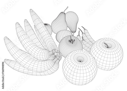 Fruit wireframe: bananas, apples, pears, peppers, tomato made of black lines isolated on a white background. Vector illustration. 3D.