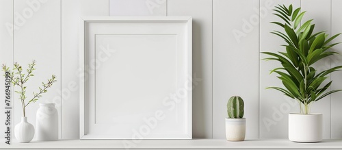 A white picture frame is placed horizontally on a shelf in the living room, showcasing minimalistic interior design in the house.