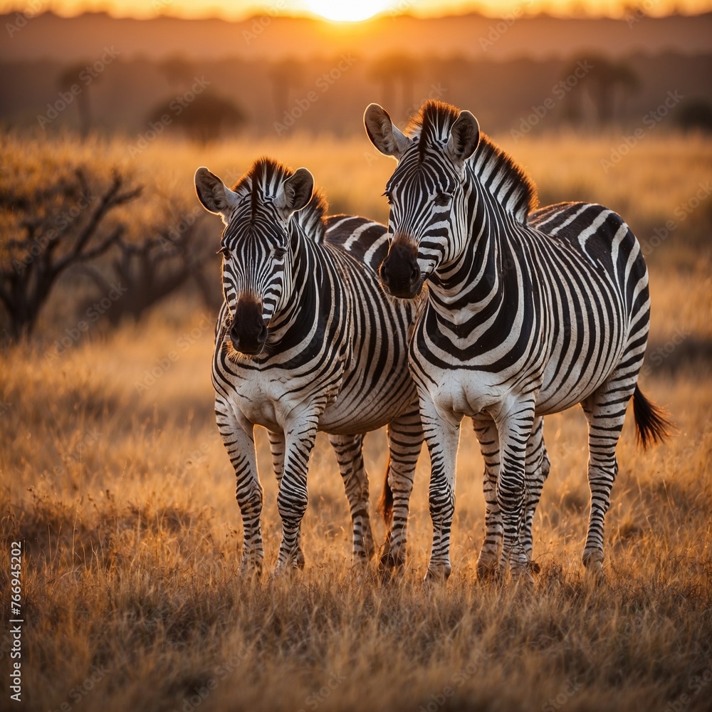 Obraz premium Zebras in the African savanna against the backdrop of beautiful sunset. Serengeti National Park, Africa.
