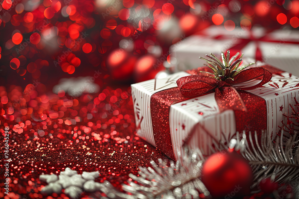 Christmas background with a red and white theme, featuring presents, decorations, and tinsel Christmas background with a red and white theme, featuring presents, decorations, and tinsel