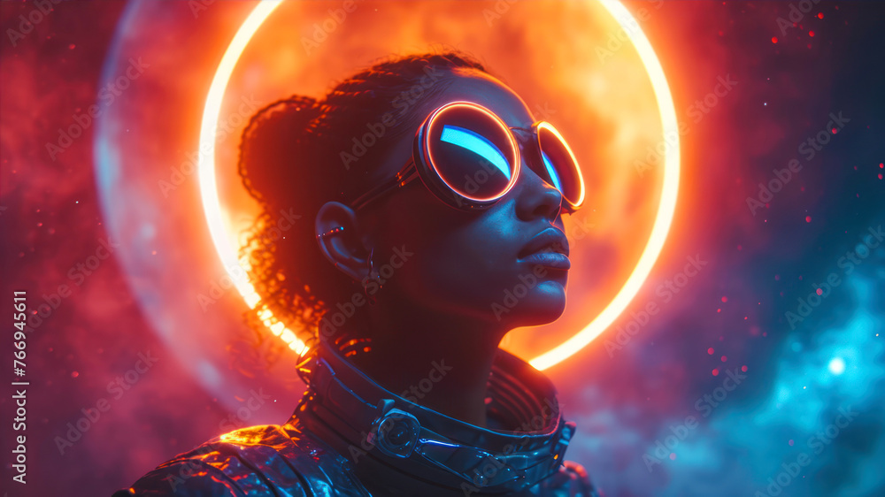 Beautiful african american woman in futuristic costume with neon lights Beautiful african american woman in futuristic costume with neon lights