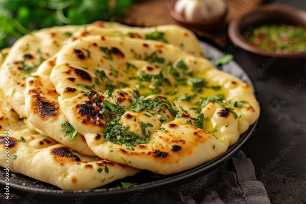 Indian naan bread with parsley on a plate Indian naan bread with parsley on a plate