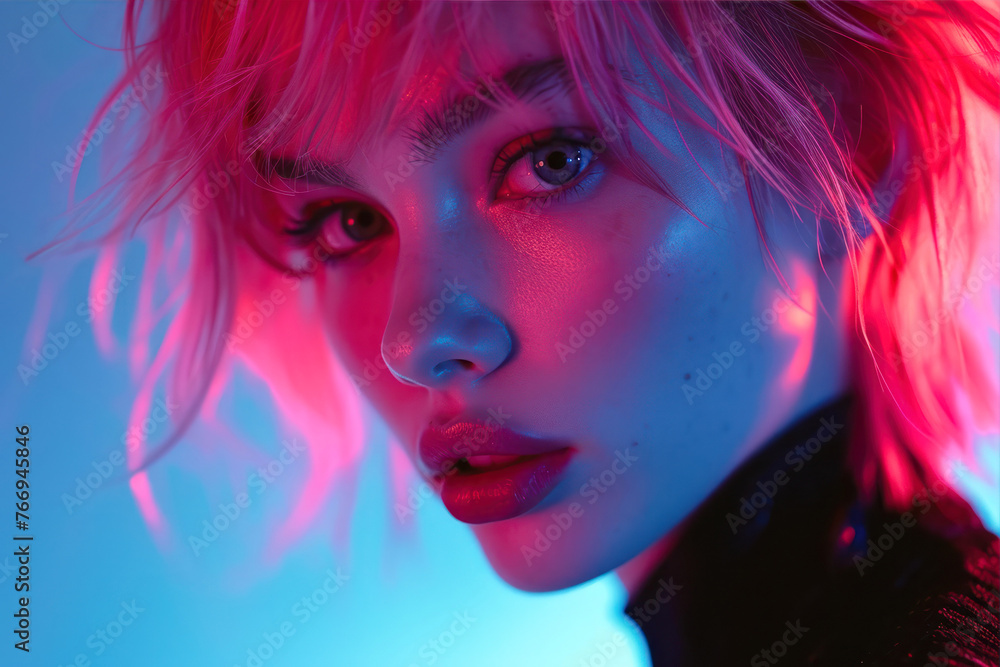 Portrait of a beautiful woman with pink hair NEON Portrait of a beautiful woman with pink hair NEON