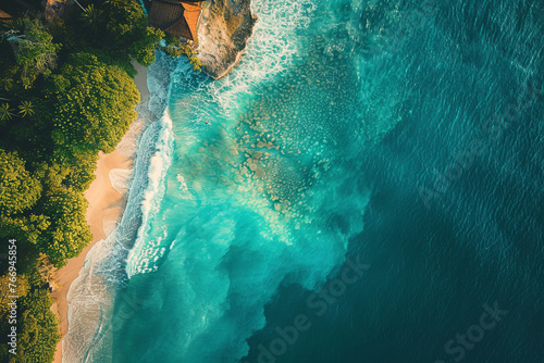 Coastal view from above. Turquoise water background from top view. Summer seascape from the air. Bali island, Indonesia