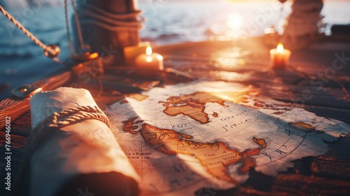 ancient maps and candlelight setting the scene in a mysterious office, blurred background,(167)(0)