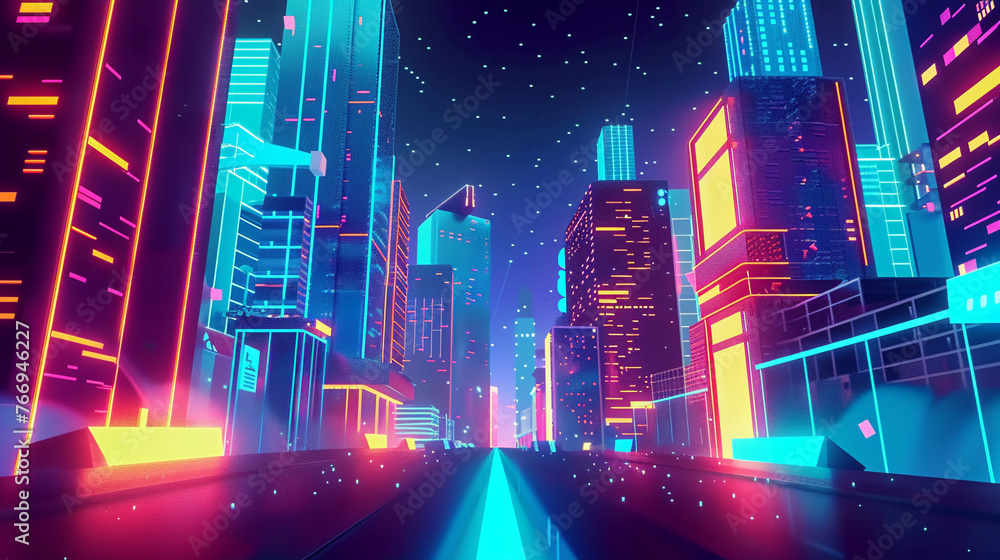 Graphic poster of a futuristic cityscape, with cyberspace elements intertwined with contemporary architecture, glowing signs leading the way(58)(0)