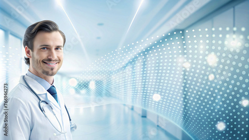 Smiling Doctor with Stethoscope in Digital Hospital Setting