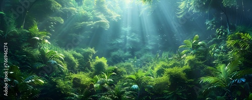 Lush Verdant Rainforest Canopy Teeming with Vibrant Life and Ethereal Sunlight Beams
